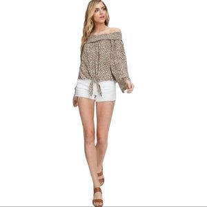 NWT Free People Leopard Print Tie Front Off Shoulder Brown Top Size Small